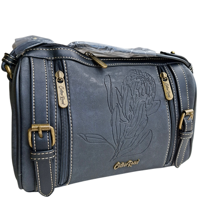 Cotton Road Sling Bag: BLACK PU Leather with Embossed PROTEA and BRANDED Strap FULL