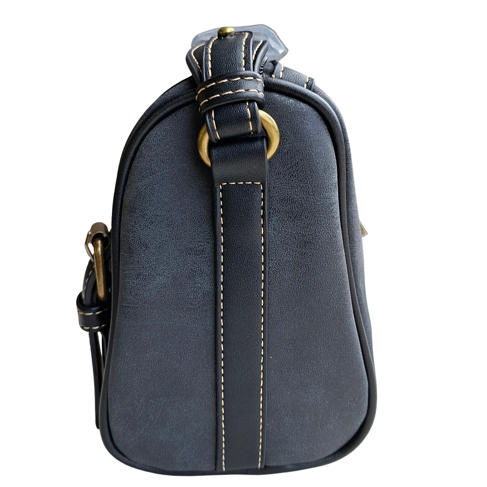 Cotton Road Sling Bag: BLACK PU Leather with Embossed PROTEA and BRANDED Strap SIDE