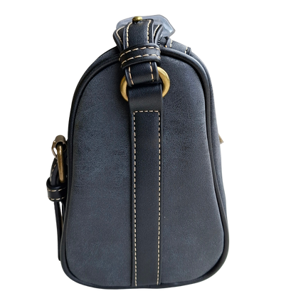 Cotton Road Sling Bag: BLACK PU Leather with Embossed PROTEA and BRANDED Strap SIDE