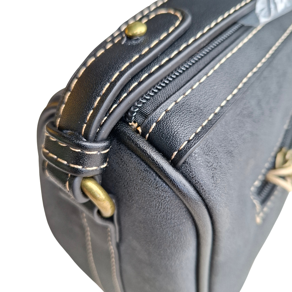 Cotton Road Sling Bag: BLACK PU Leather with Embossed PROTEA and BRANDED Strap TOP