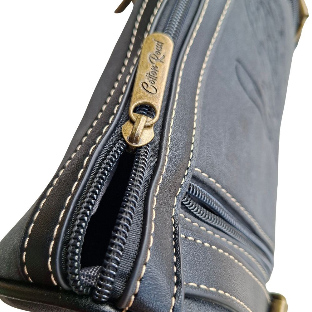 Cotton Road Sling Bag: BLACK PU Leather with Embossed PROTEA and BRANDED Strap TOP ZIPPER DETAIL