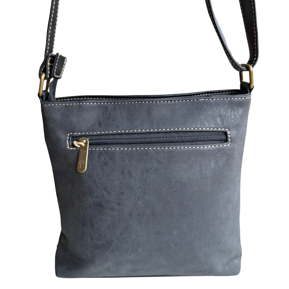 Cotton Road Sling Bag: BLACK PU Leather with Embossed Protea back