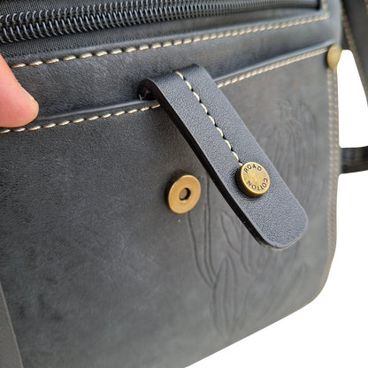 Cotton Road Sling Bag: BLACK PU Leather with Embossed Protea front magnetic clip