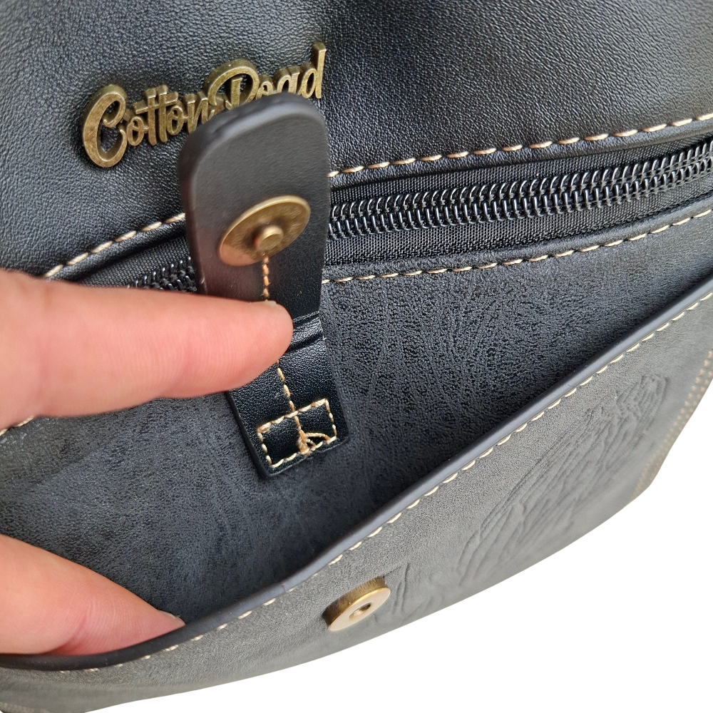 Cotton Road Sling Bag: BLACK PU Leather with Embossed Protea front magnetic clip open