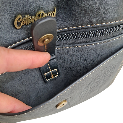 Cotton Road Sling Bag: BLACK PU Leather with Embossed Protea front magnetic clip open