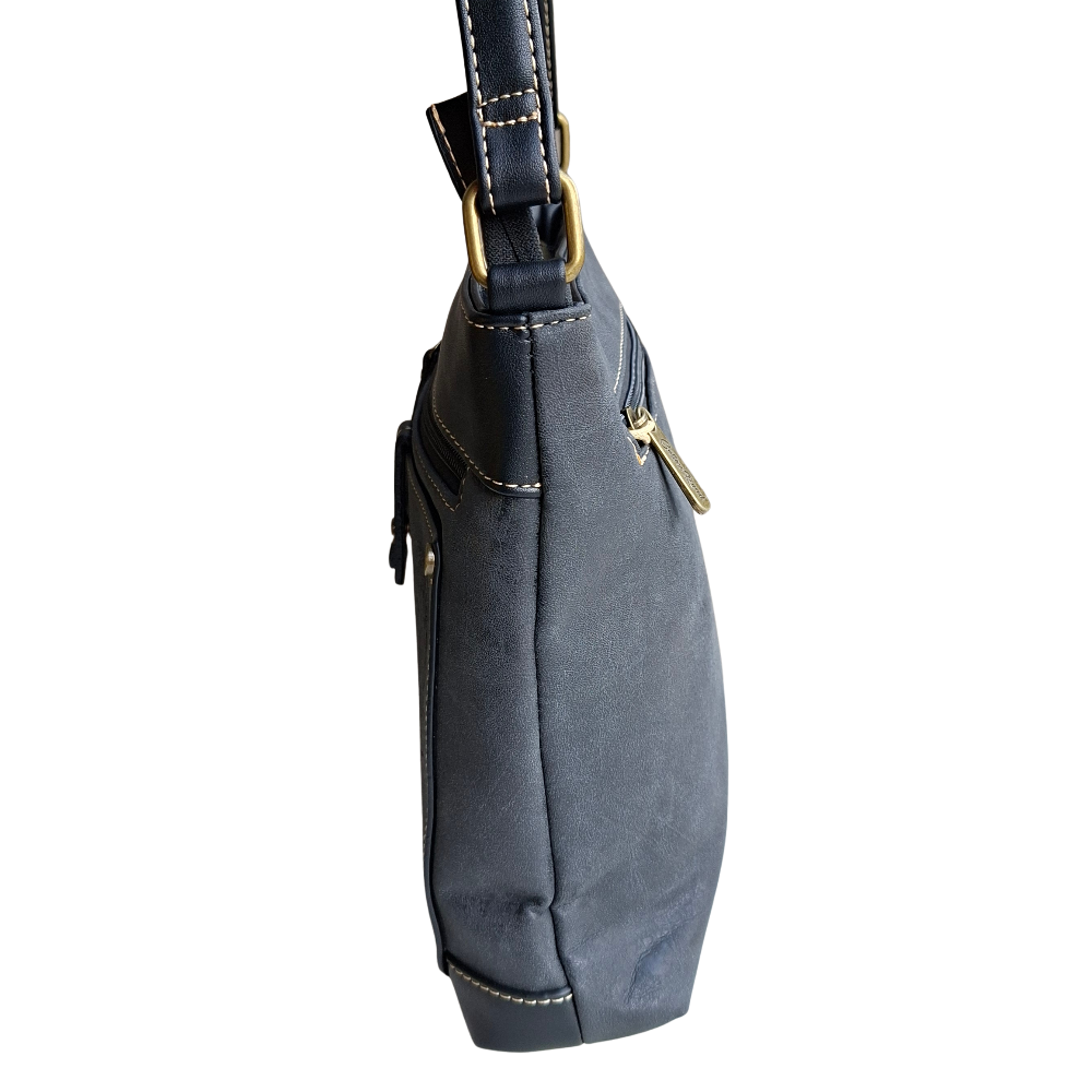 Cotton Road Sling Bag: BLACK PU Leather with Embossed Protea side view