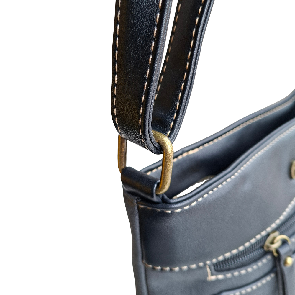 Cotton Road Sling Bag: BLACK PU Leather with Embossed Protea sling attachment