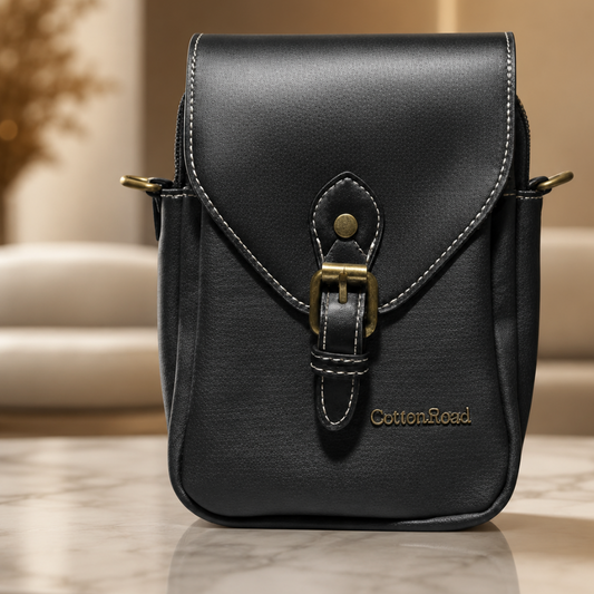 Cotton Road Sling Bag: BLACK PU Leather with Wide Woven Strap HERO