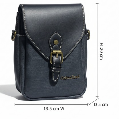 Cotton Road Sling Bag: BLACK PU Leather with Wide Woven Strap SIZE