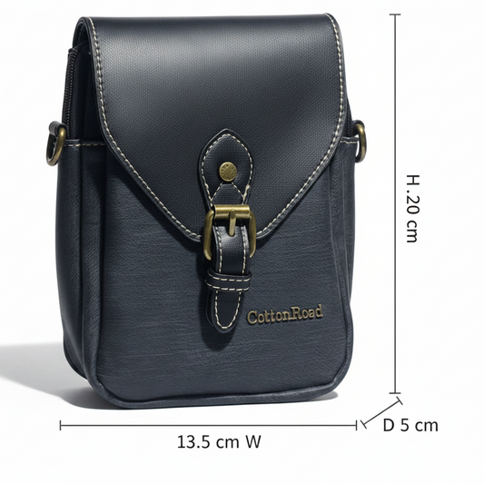 Cotton Road Sling Bag: BLACK PU Leather with Wide Woven Strap SIZE