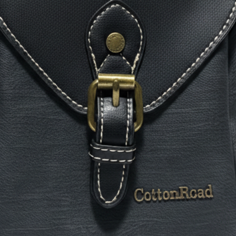 Cotton Road Sling Bag: BLACK PU Leather with Wide Woven Strap ZOOM