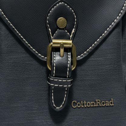 Cotton Road Sling Bag: BLACK PU Leather with Wide Woven Strap ZOOM