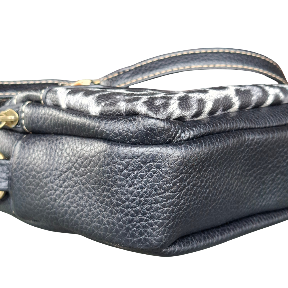 Cotton Road Sling Bag: BLACK PU leather Crossbody with Leopard Print BOTTOM CORNER VIEW