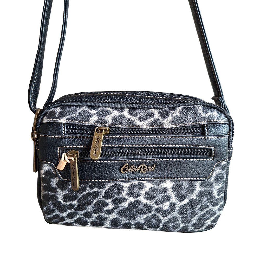 Cotton Road Sling Bag: BLACK PU leather Crossbody with Leopard Print FRONT
