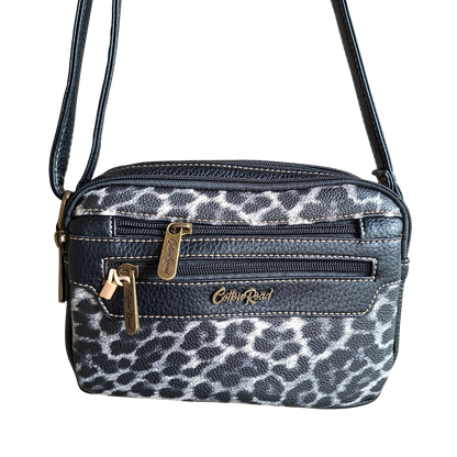 Cotton Road Sling Bag: BLACK PU leather Crossbody with Leopard Print FRONT