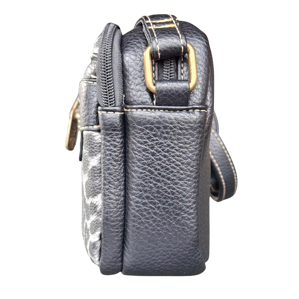 Cotton Road Sling Bag: BLACK PU leather Crossbody with Leopard Print SIDE VIEW
