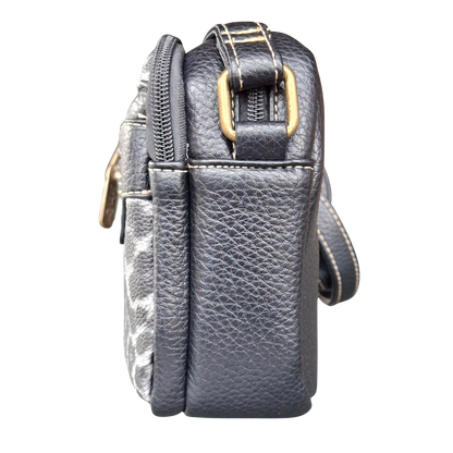 Cotton Road Sling Bag: BLACK PU leather Crossbody with Leopard Print SIDE VIEW