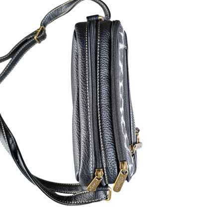 Cotton Road Sling Bag: BLACK PU leather Crossbody with Leopard Print TOP CLOSED ZIP VIEW