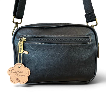 Cotton Road Sling Bag: BLACK Protea PU Leather Crossbody Bag with Branded STRAP BACK