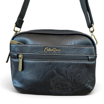 Cotton Road Sling Bag: BLACK Protea PU Leather Crossbody Bag with Branded STRAP FRONT