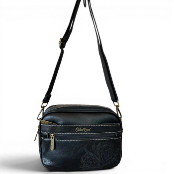 Cotton Road Sling Bag: BLACK Protea PU Leather Crossbody Bag with Branded STRAP HANGING