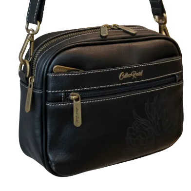 Cotton Road Sling Bag: BLACK Protea PU Leather Crossbody Bag with Branded STRAP VIEW