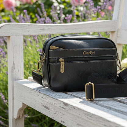 Cotton Road Sling Bag: BLACK Protea PU Leather Crossbody Bag with Branded Strap HERO