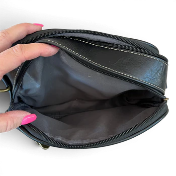 Cotton Road Sling Bag: BLACK Protea PU Leather Crossbody Bag with Branded Strap OPEN ZIP