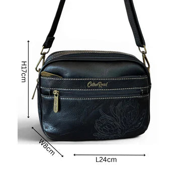 Cotton Road Sling Bag: BLACK Protea PU Leather Crossbody Bag with Branded Strap SIZE