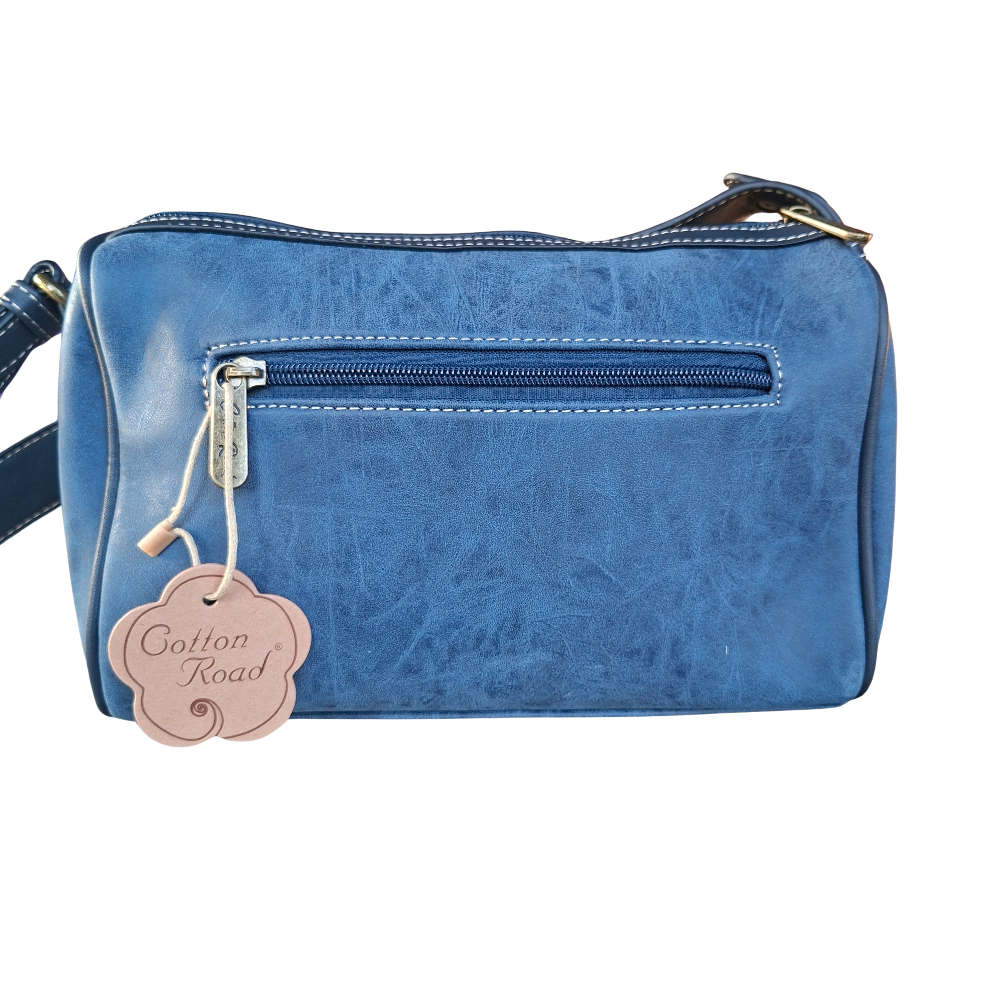 Cotton Road Sling Bag: BLUE PU Leather with Embossed PROTEA and BRANDED Strap BACK VIEW