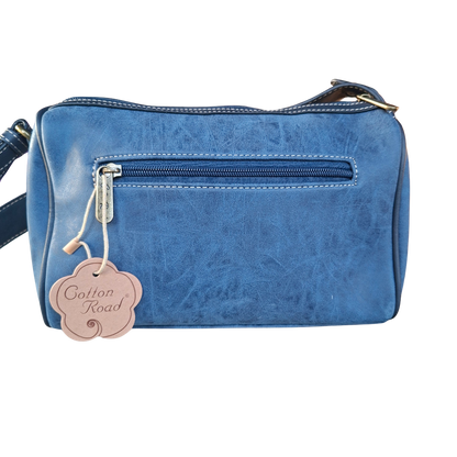 Cotton Road Sling Bag: BLUE PU Leather with Embossed PROTEA and BRANDED Strap BACK VIEW