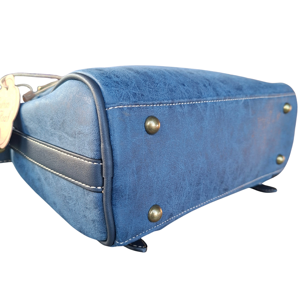Cotton Road Sling Bag: BLUE PU Leather with Embossed PROTEA and BRANDED Strap BOTTOM