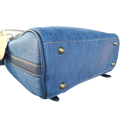 Cotton Road Sling Bag: BLUE PU Leather with Embossed PROTEA and BRANDED Strap BOTTOM