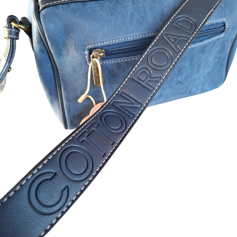 Cotton Road Sling Bag: BLUE PU Leather with Embossed PROTEA and BRANDED Strap BRANDING