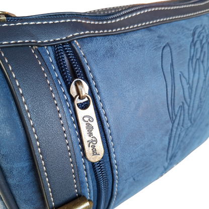 Cotton Road Sling Bag: BLUE PU Leather with Embossed PROTEA and BRANDED Strap DETAIL
