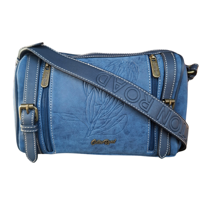 Cotton Road Sling Bag: BLUE PU Leather with Embossed PROTEA and BRANDED Strap FRONT