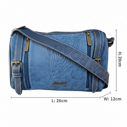 Cotton Road Sling Bag: BLUE PU Leather with Embossed PROTEA and BRANDED Strap