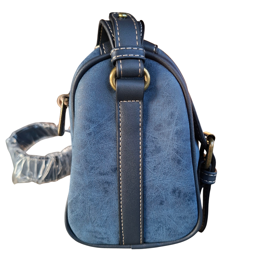 Cotton Road Sling Bag: BLUE PU Leather with Embossed PROTEA and BRANDED Strap SIDE VIEW