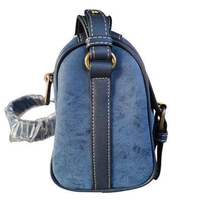Cotton Road Sling Bag: BLUE PU Leather with Embossed PROTEA and BRANDED Strap SIDE VIEW