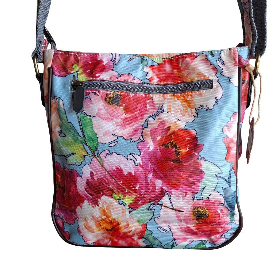 Cotton Road Sling Bag: BRIGHT PINK RED FLORAL PVC Crossbody Bag BACK VIEW