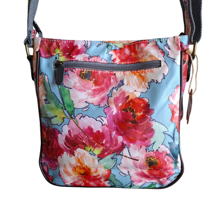 Cotton Road Sling Bag: BRIGHT PINK RED FLORAL PVC Crossbody Bag BACK VIEW