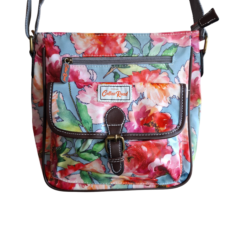 Cotton Road Sling Bag: BRIGHT PINK RED FLORAL PVC Crossbody Bag FRONT