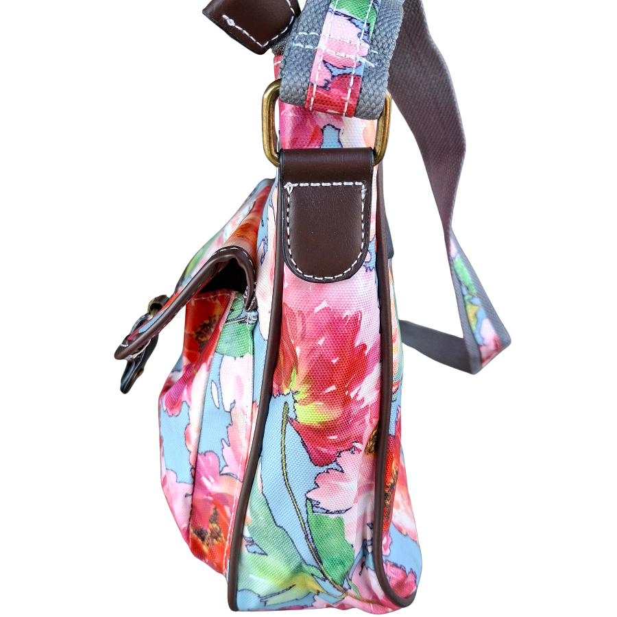 Cotton Road Sling Bag: BRIGHT PINK RED FLORAL PVC Crossbody Bag SIDE VIEW