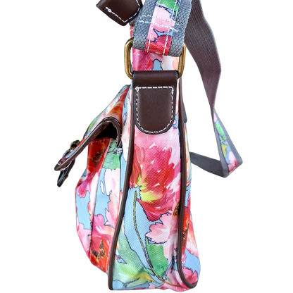 Cotton Road Sling Bag: BRIGHT PINK RED FLORAL PVC Crossbody Bag SIDE VIEW