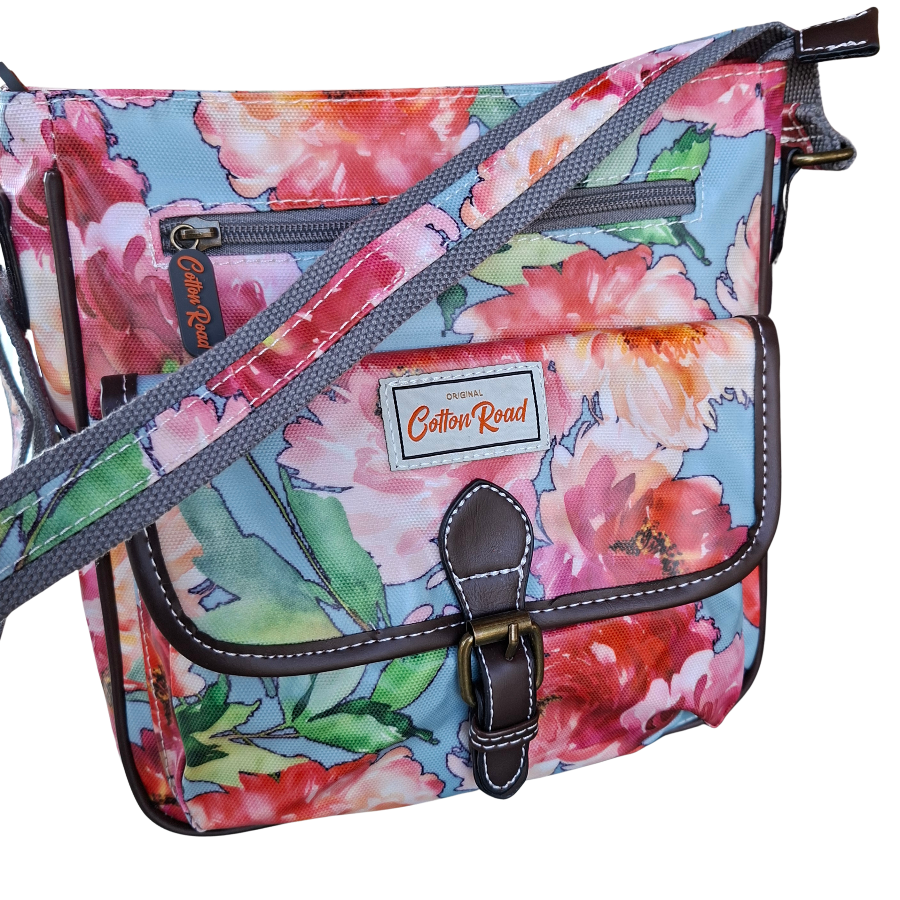 Cotton Road Sling Bag: BRIGHT PINK RED FLORAL PVC Crossbody Bag WITH STRAP DETAIL