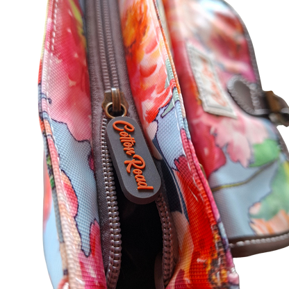 Cotton Road Sling Bag: BRIGHT PINK RED FLORAL PVC Crossbody Bag WITH TOP ZIP DETAIL