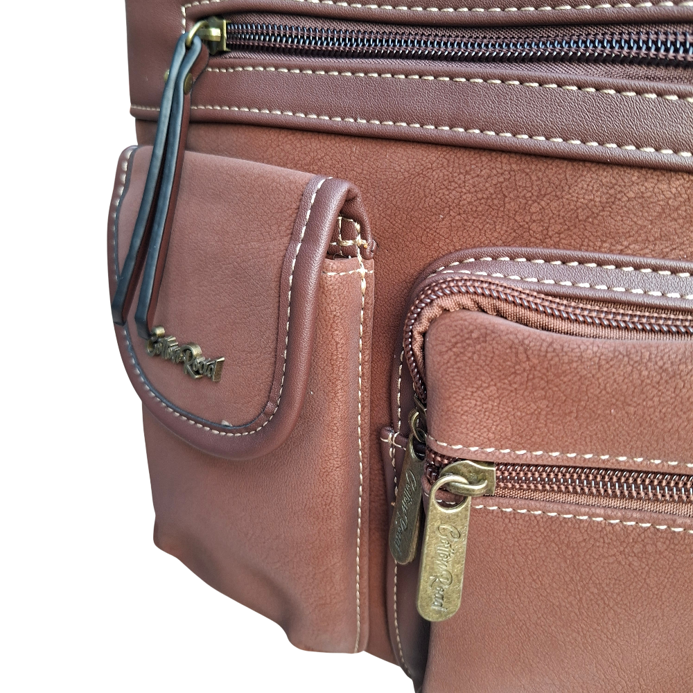Cotton Road Sling Bag: BROWN Multi-pocket Crossbody with Adjustable Strap DETAILING