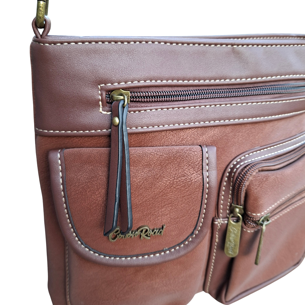 Cotton Road Sling Bag: BROWN Multi-pocket Crossbody with Adjustable Strap FRONT POCKETS