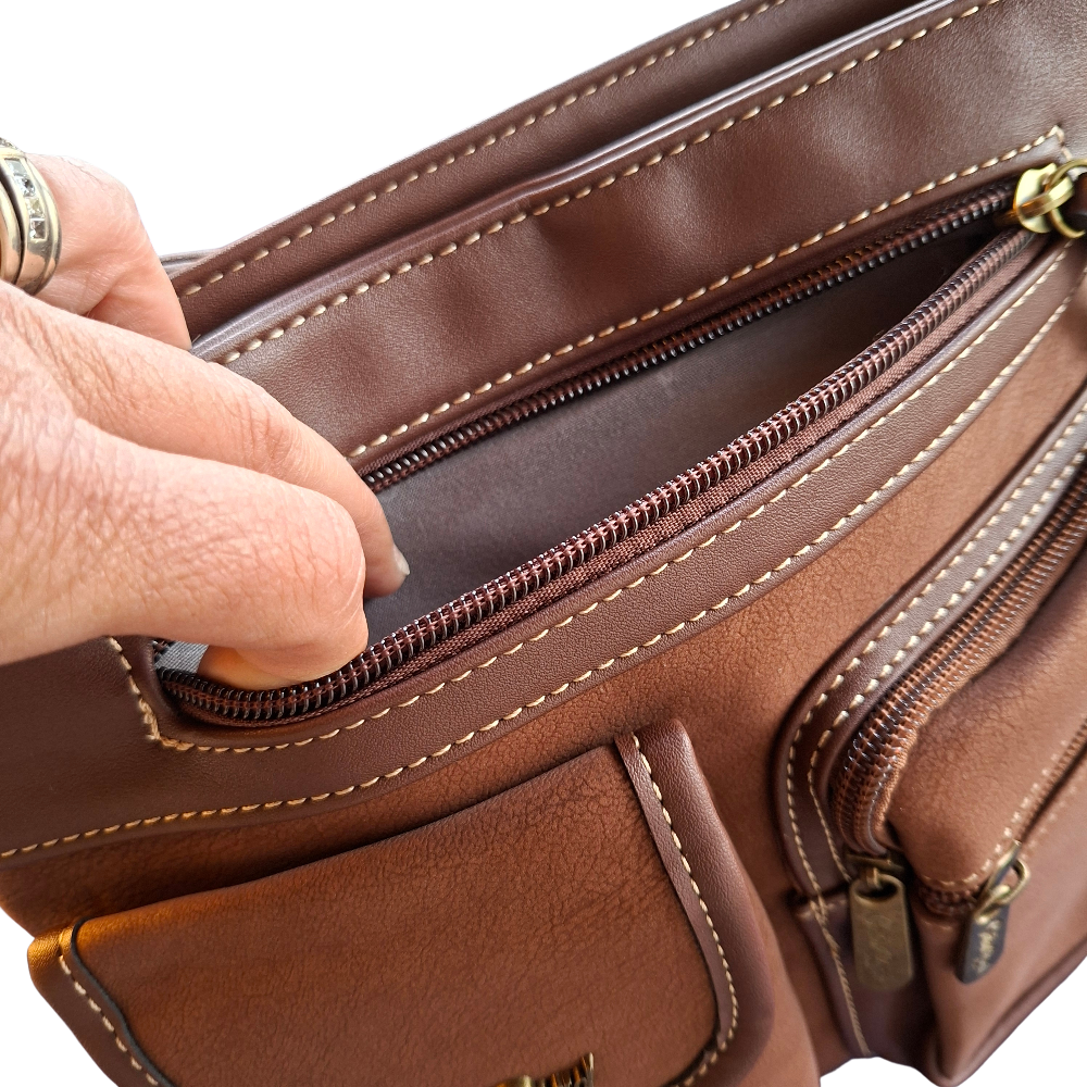 Cotton Road Sling Bag: BROWN Multi-pocket Crossbody with Adjustable Strap FRONT ZIP POCKET DETAIL