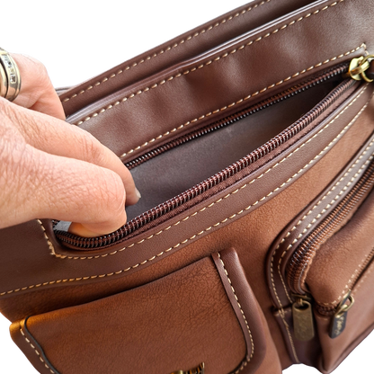 Cotton Road Sling Bag: BROWN Multi-pocket Crossbody with Adjustable Strap FRONT ZIP POCKET DETAIL